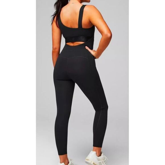 Fabletics Pureluxe Built-In Bra 7/8 Jumpsuit Black Stretch Asymmetric Back‎ XS - Picture 1 of 9